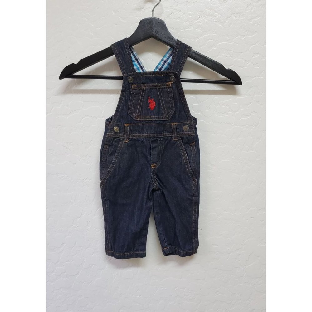 U.S. POLO ASSN. Baby Boy Kids SZ 3/6 M Dark Blue Denim Bib Pants Overalls EUC